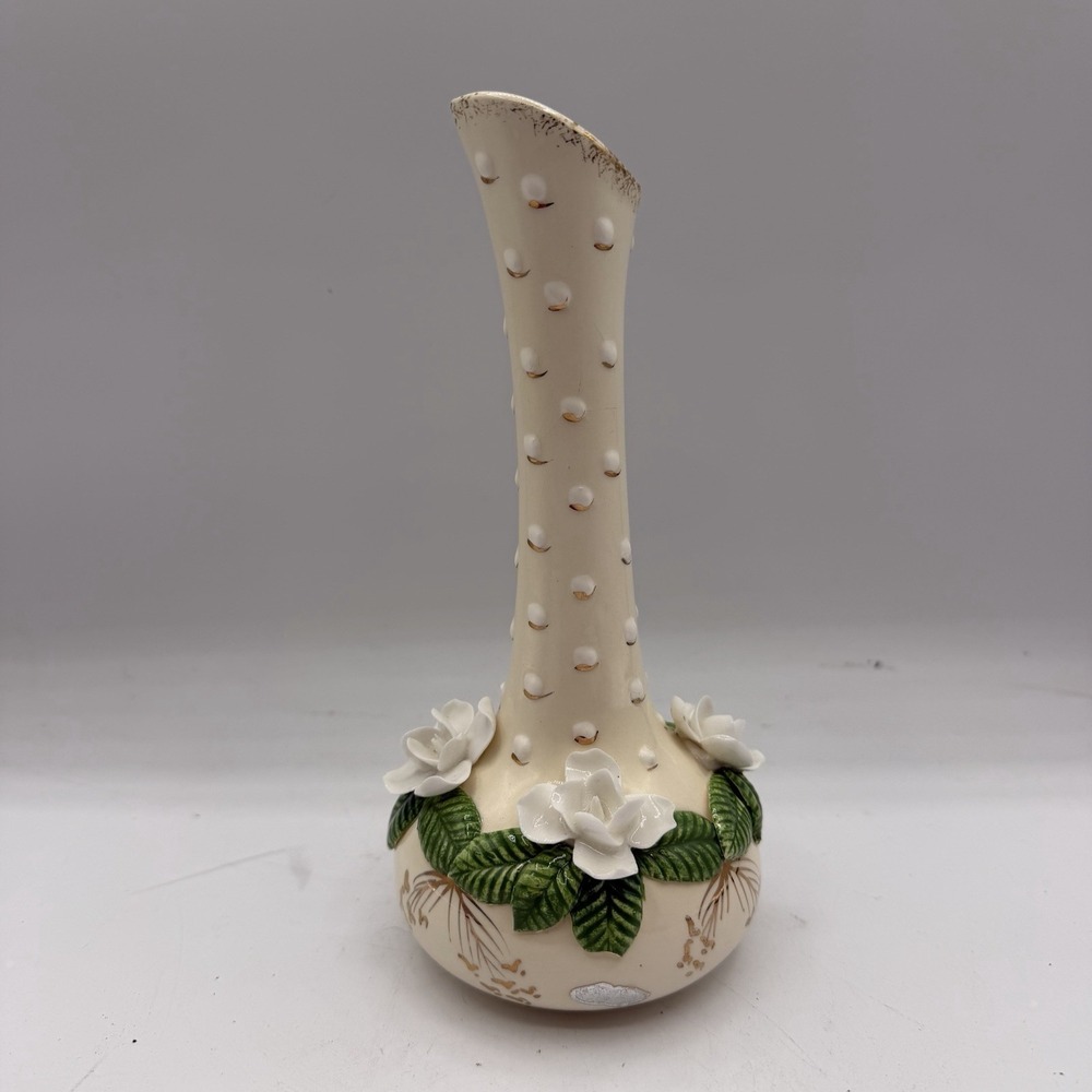 Vintage Bone China Flowers Bud Vase 3D Porcelain Roses Gold Trim Cream 7.5" Tall